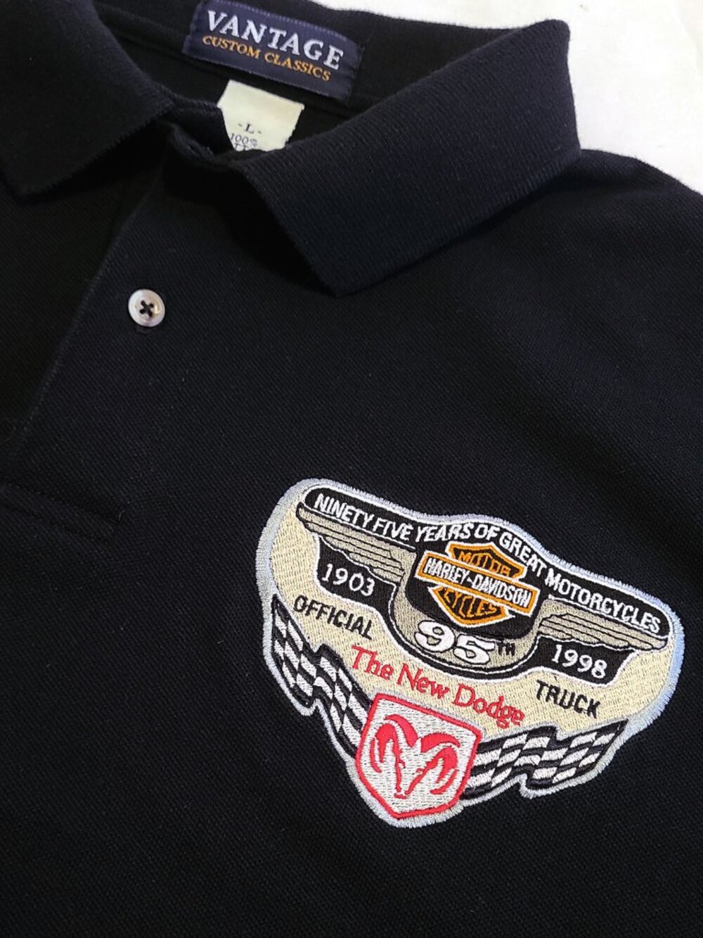 Vtg Black Polo Men's Large USA Made Harley Davison Dodge Ram Logo Patch Cotton